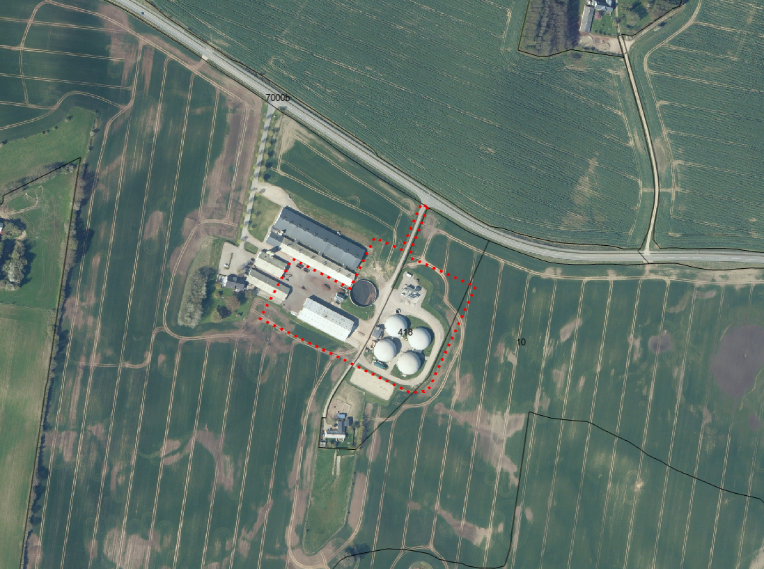 Figur 2: Herover ses plan- og projektområdets afgrænsning og det eksisterende biogasanlæg.